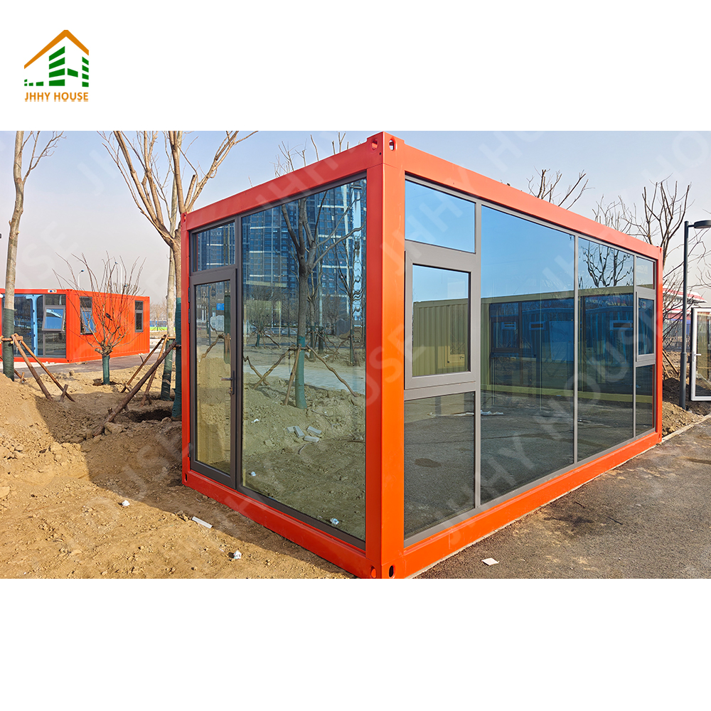 Prefabricated flat pack small tiny container house home office with glass curtain wall